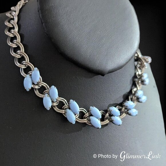 Vintage Blue Marquise Glass Cabochon Silver Tone Small Fit Choker Necklace - Picture 2 of 10